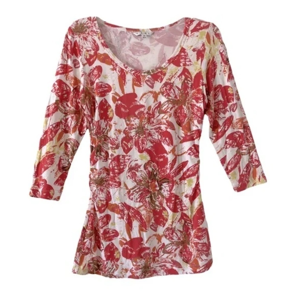 CAbi | Multicolored Splash Floral Ruched Tee, Medium